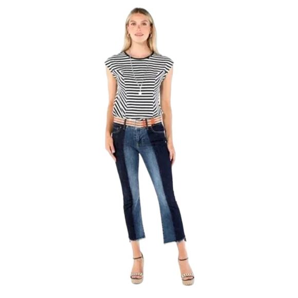 CABI #6281 two tone high low mid rise crop raw‎ hem jeans 10 - Picture 1 of 11